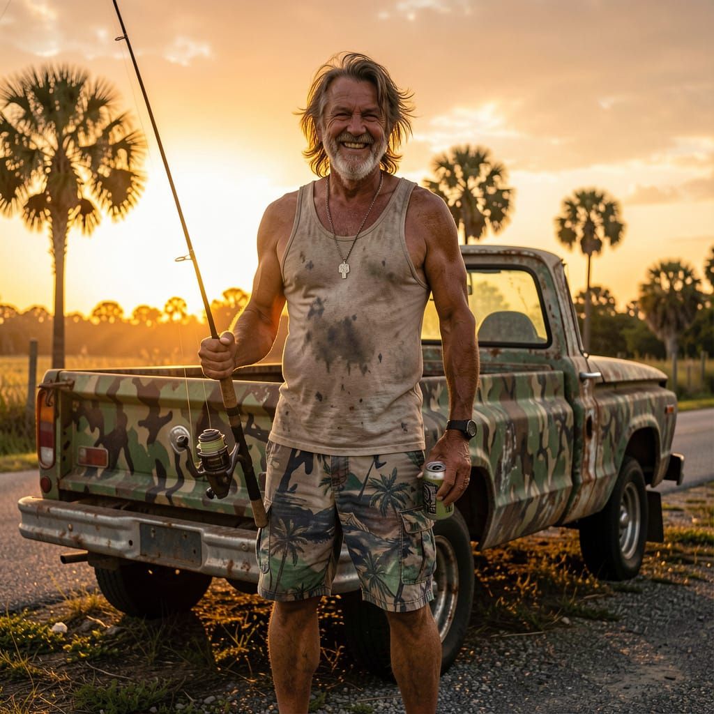 Florida Man Grins by Truck at Sunset in Photorealistic Style