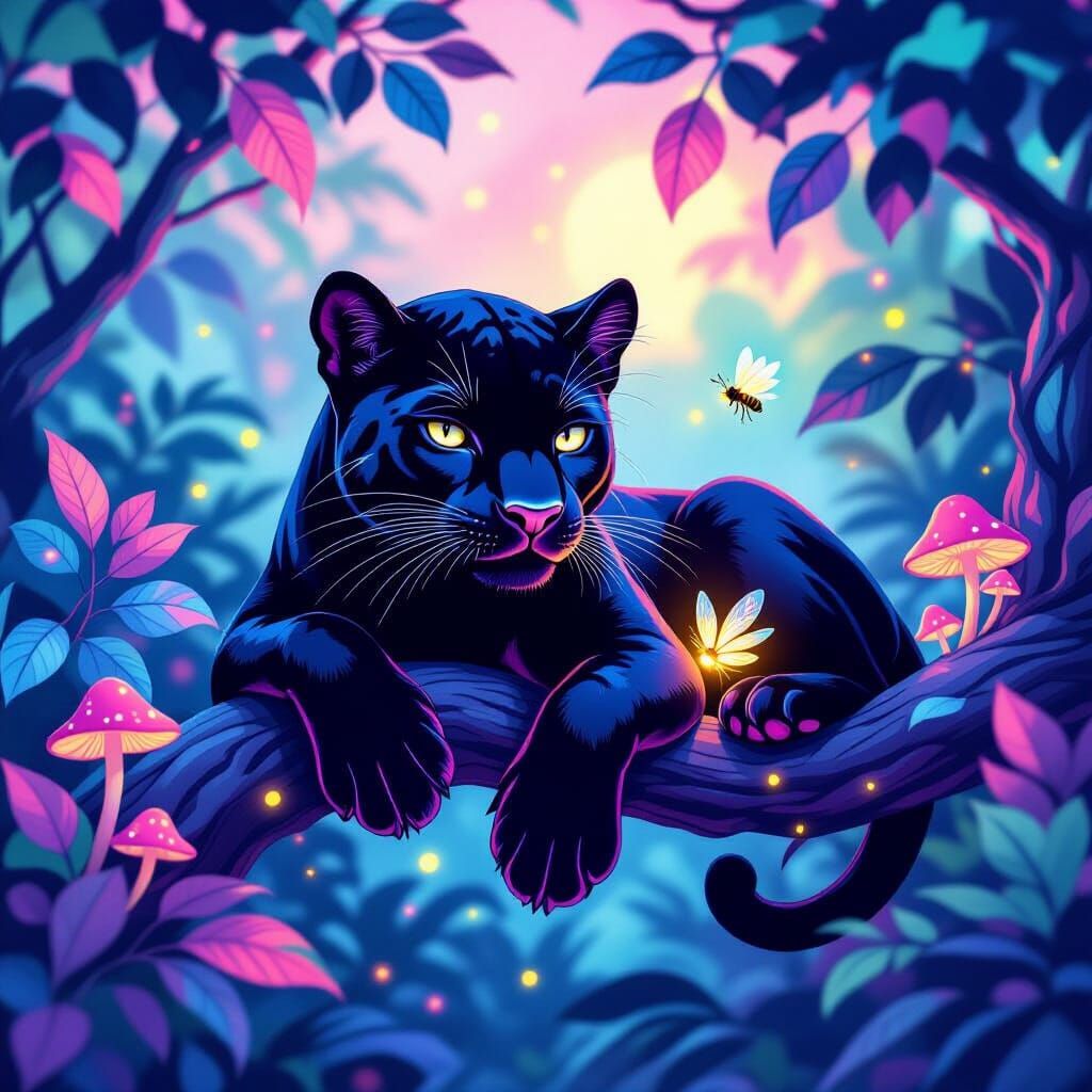 Black Panther on Luminous Tree Branch in Surreal Jungle Nigh...