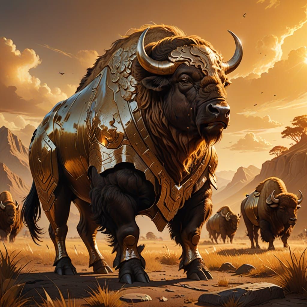 Golden Armored Buffalo Stands in Vibrant Fantasy Landscape