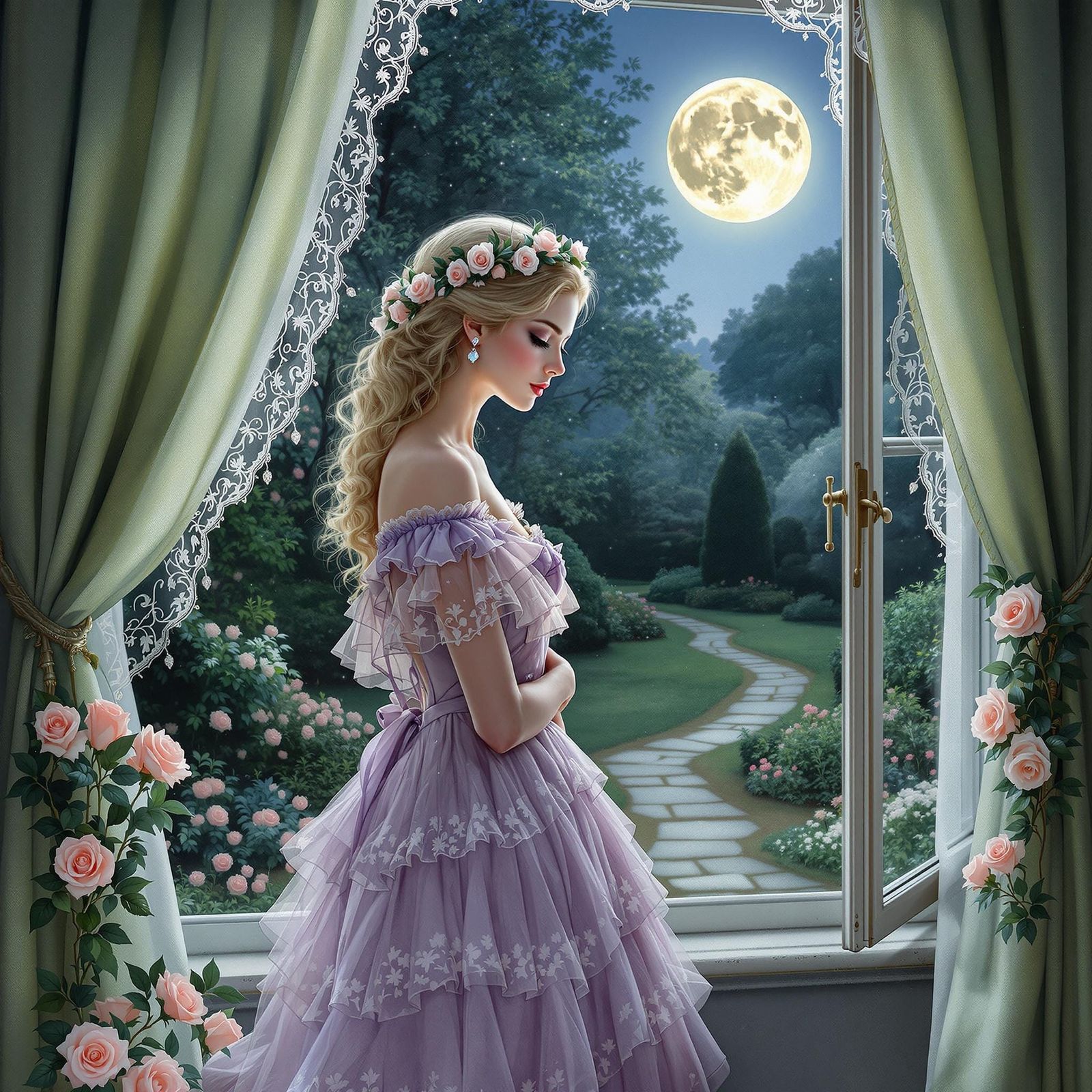 A moonlit Victorian window, framed by pastel-green curtains and blooming roses, opens to a serene garden. A graceful blo...
