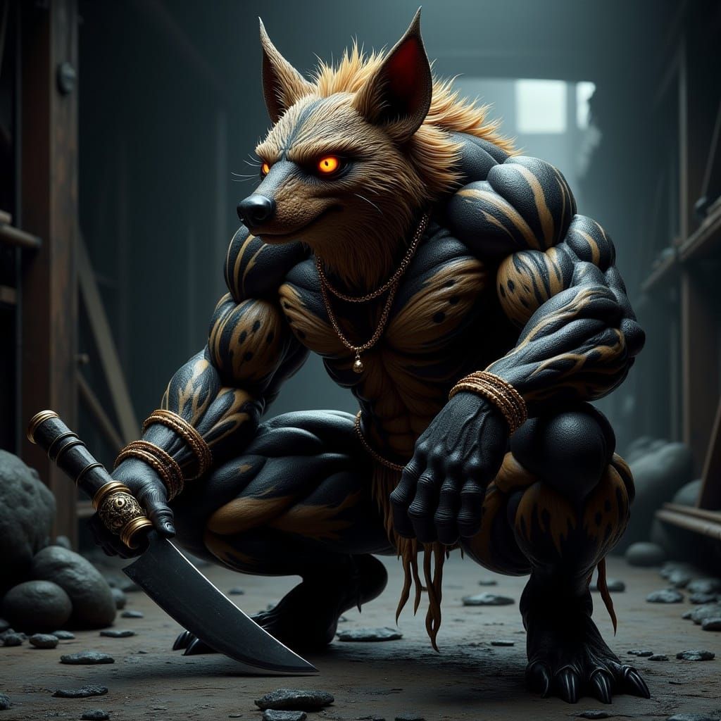 Hyena Warrior with Tattoos in Industrial Setting
