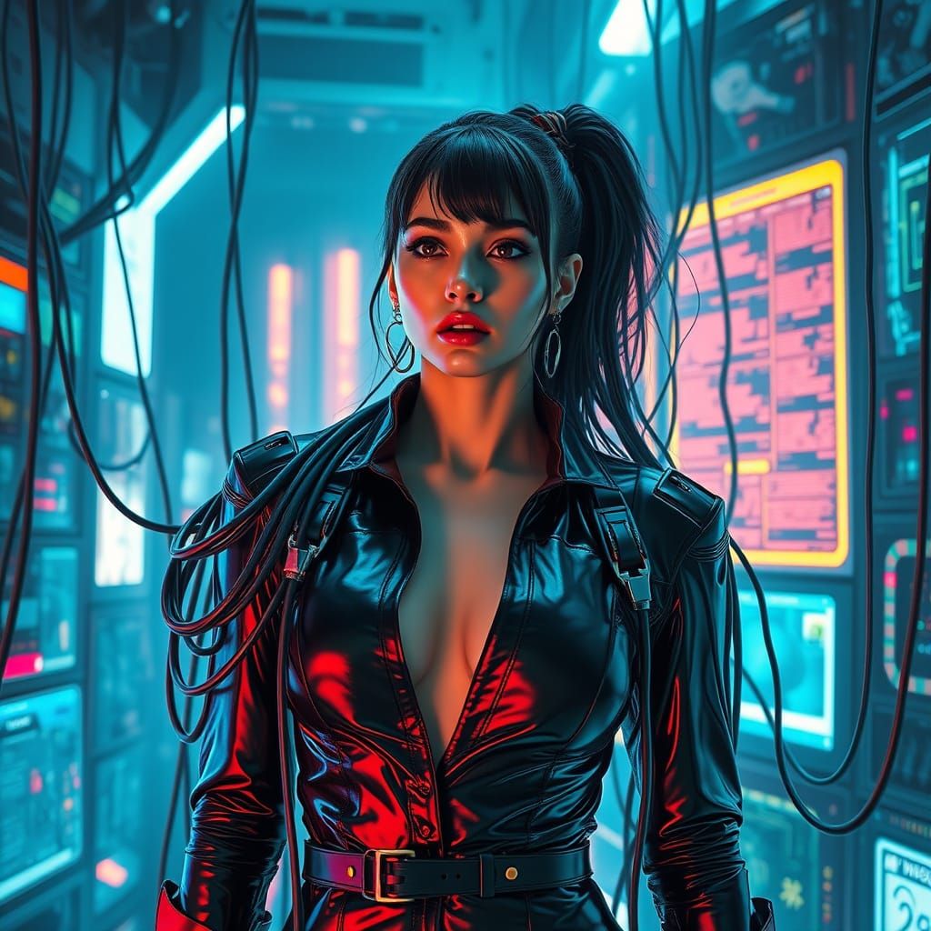 Futuristic Woman in Cyberpunk Cityscape