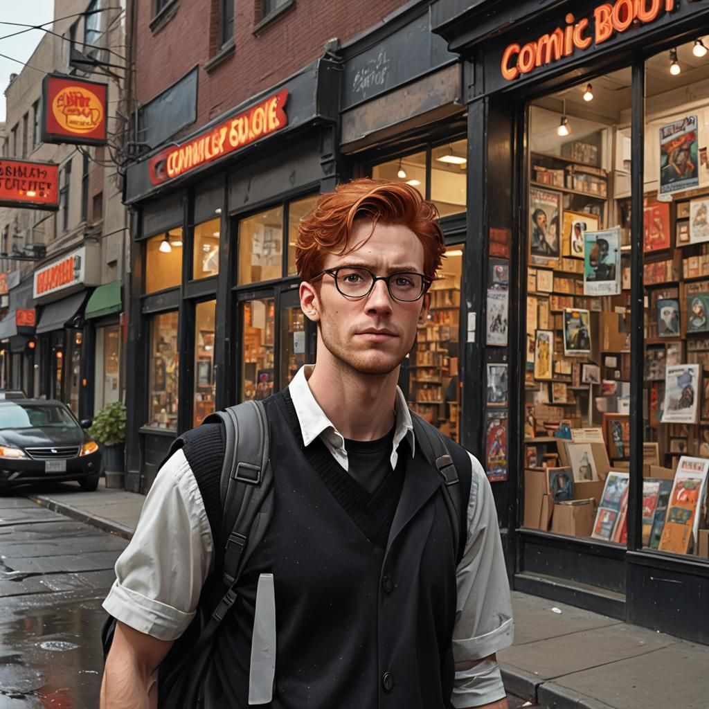 Comic Book Shop Character Portrait, Matte Painting Style