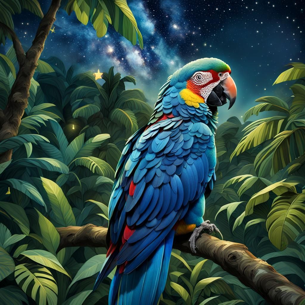 Parrot Stargazing in Lush Jungle Night