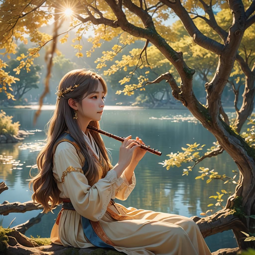 Anime Woman Plays Flute by Lake in 3D