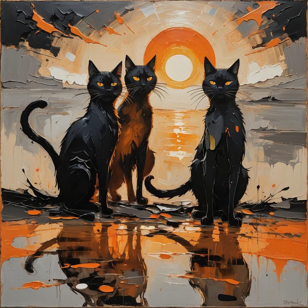 Surreal Black Cats in Abstract Matte Painting
