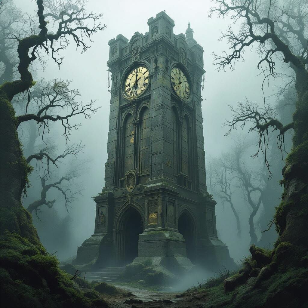 Gothic Tower in Fog-Laden Forest, Digital Painting