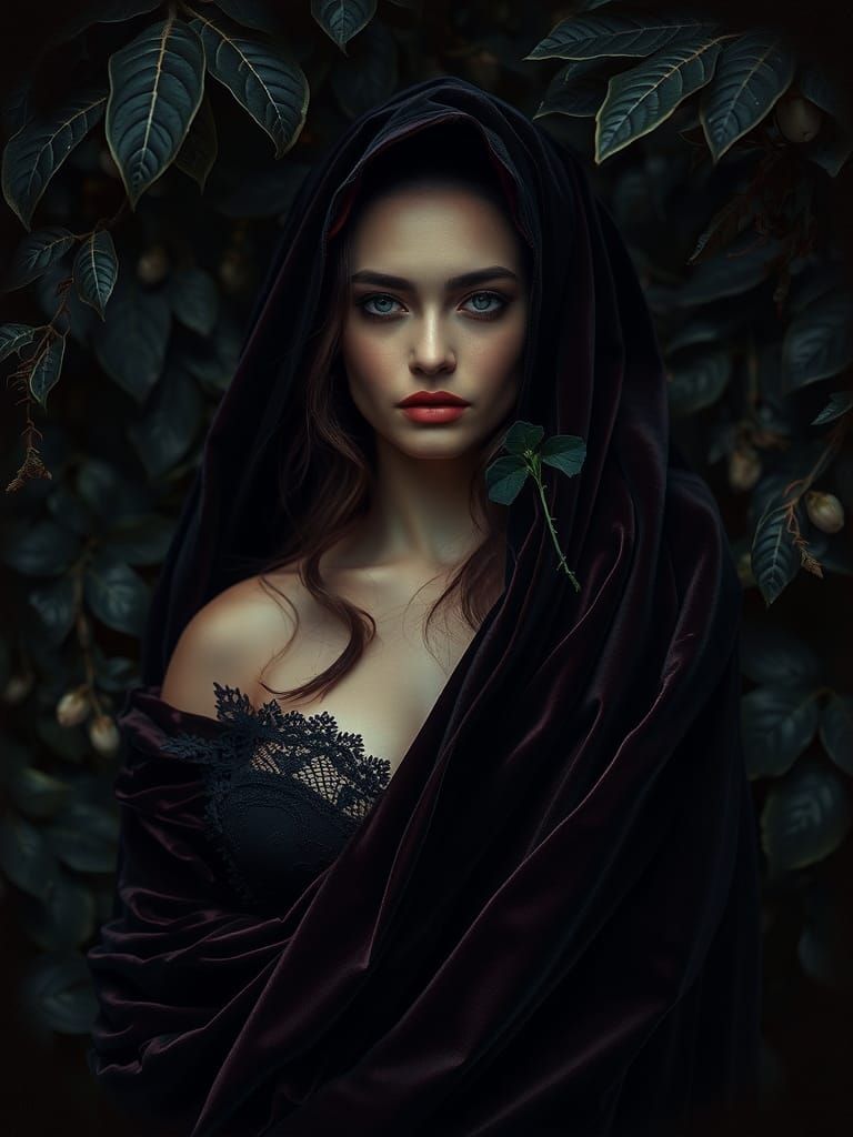 Enigmatic Woman in Velvet, Dramatic Lighting