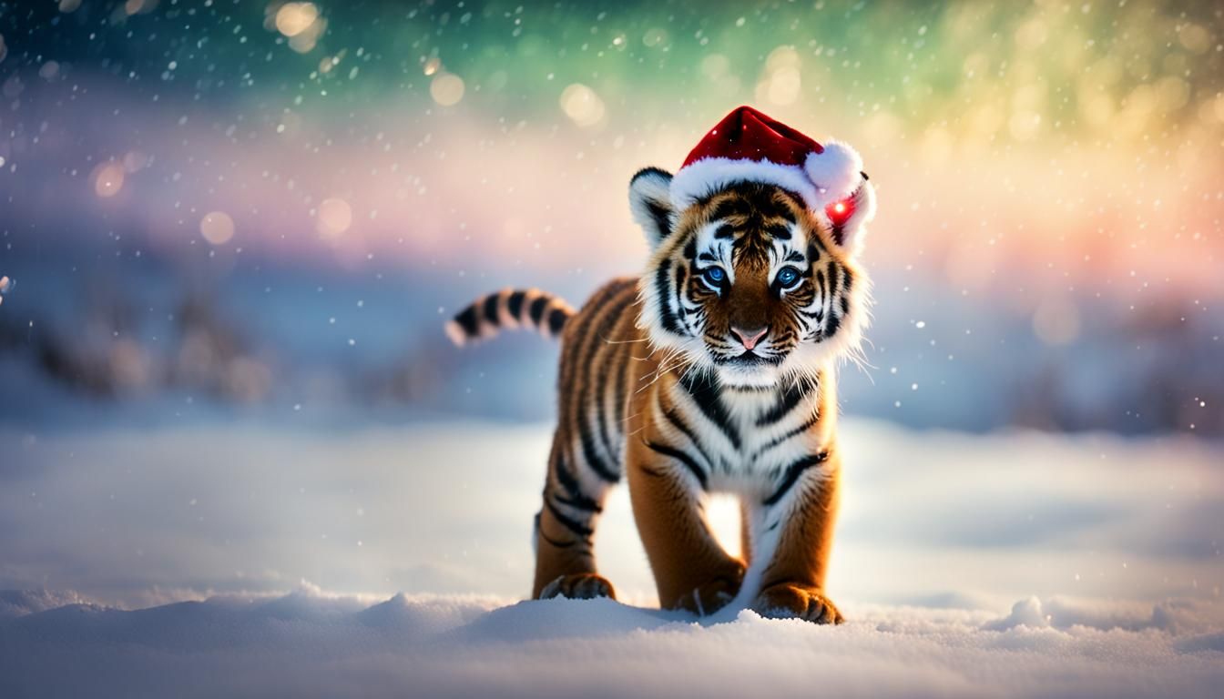 Baby Tiger in Santa Hat Under Aurora Borealis