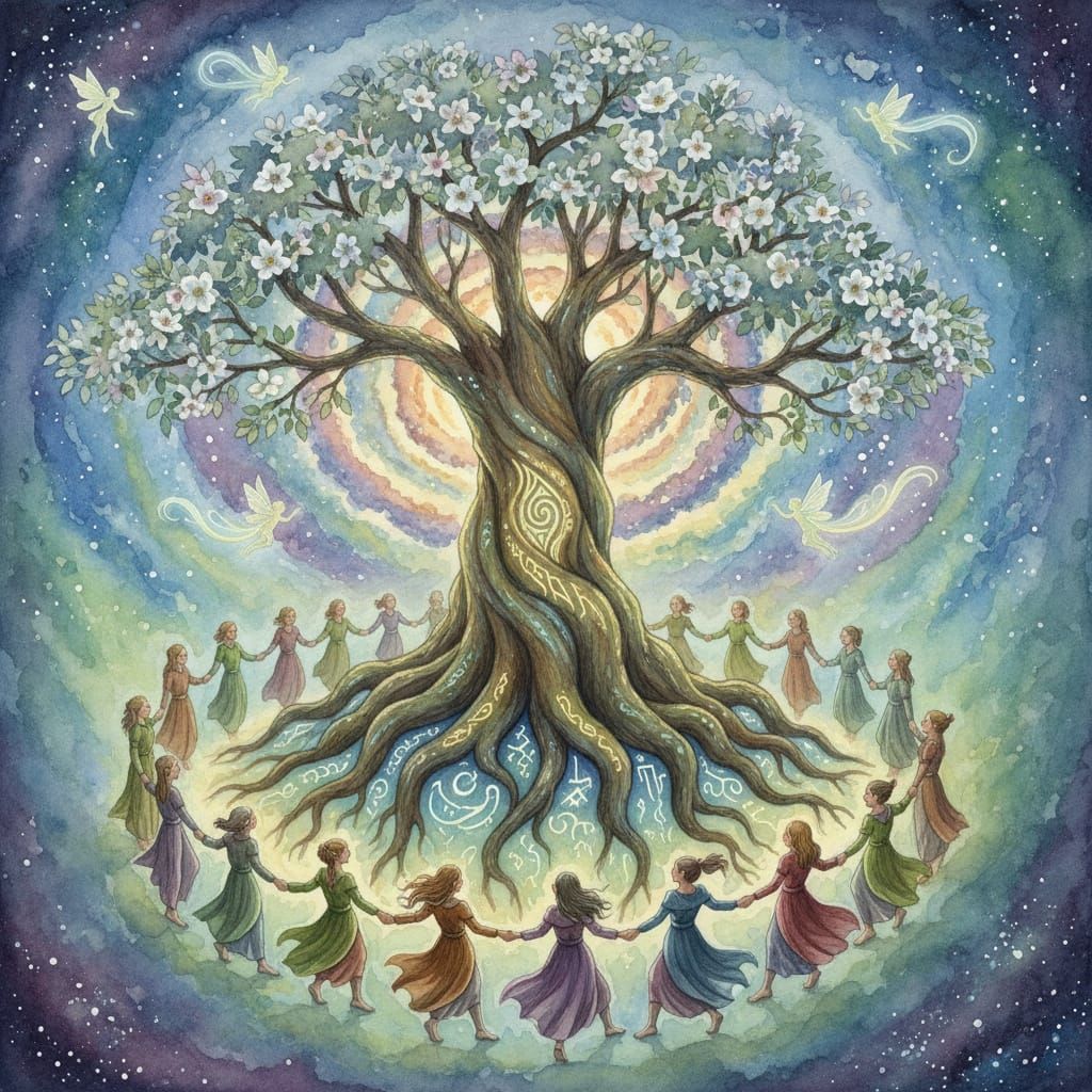 Ancient Tree With Roots in Galaxy, Ethereal Fairies and Elve...