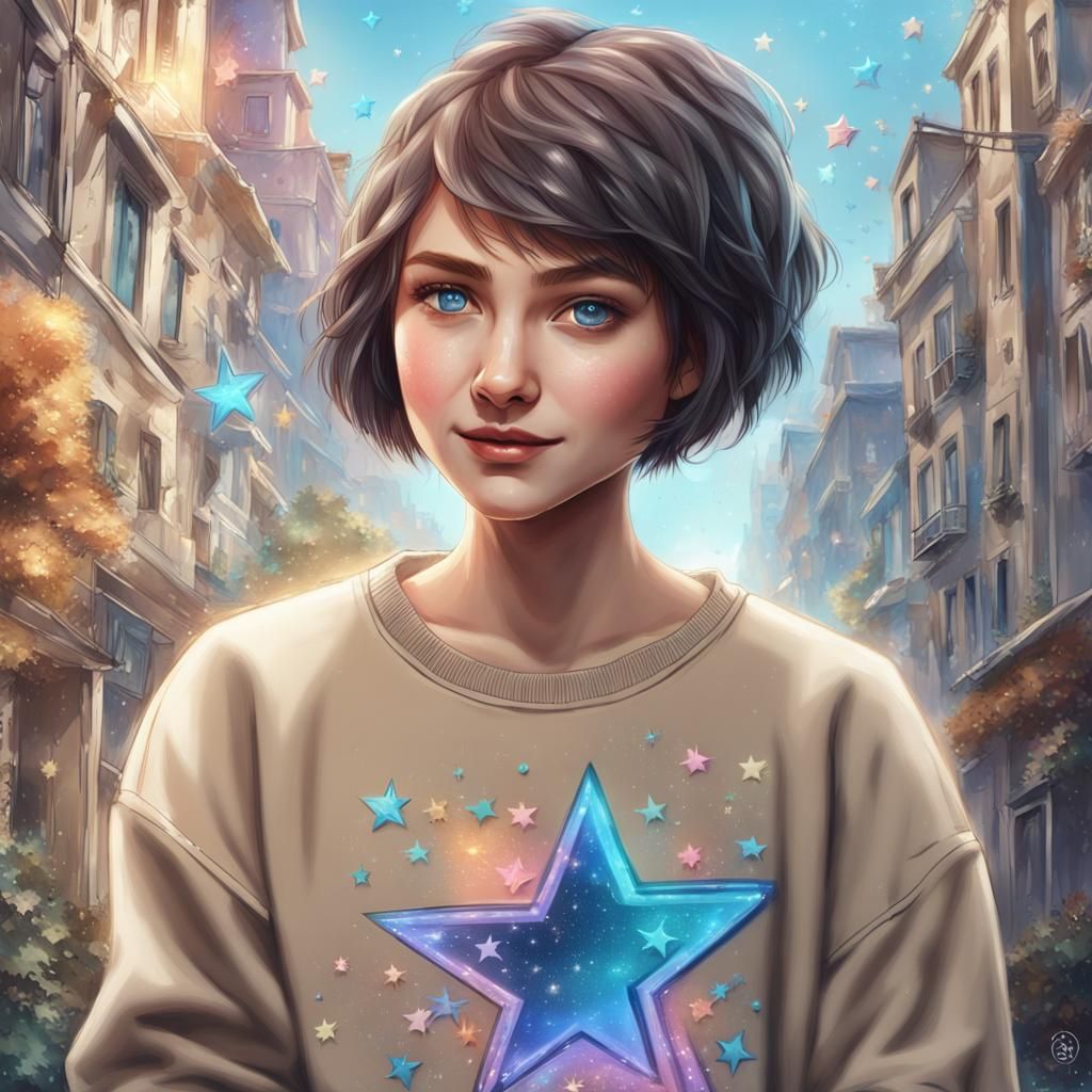 Pretty Girl with Star Sweatshirt in Pastel Colors