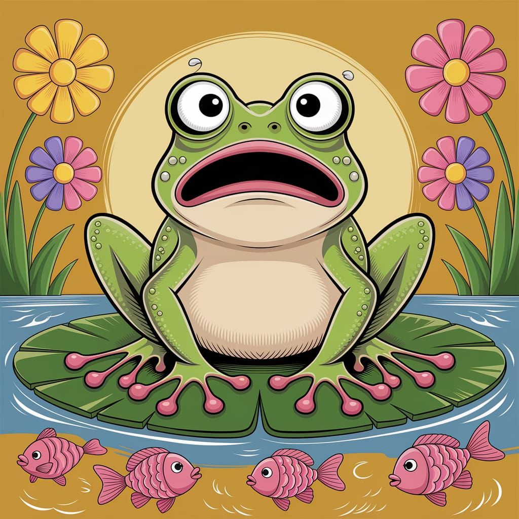 Surprised Frog on Lily Pad Illustration