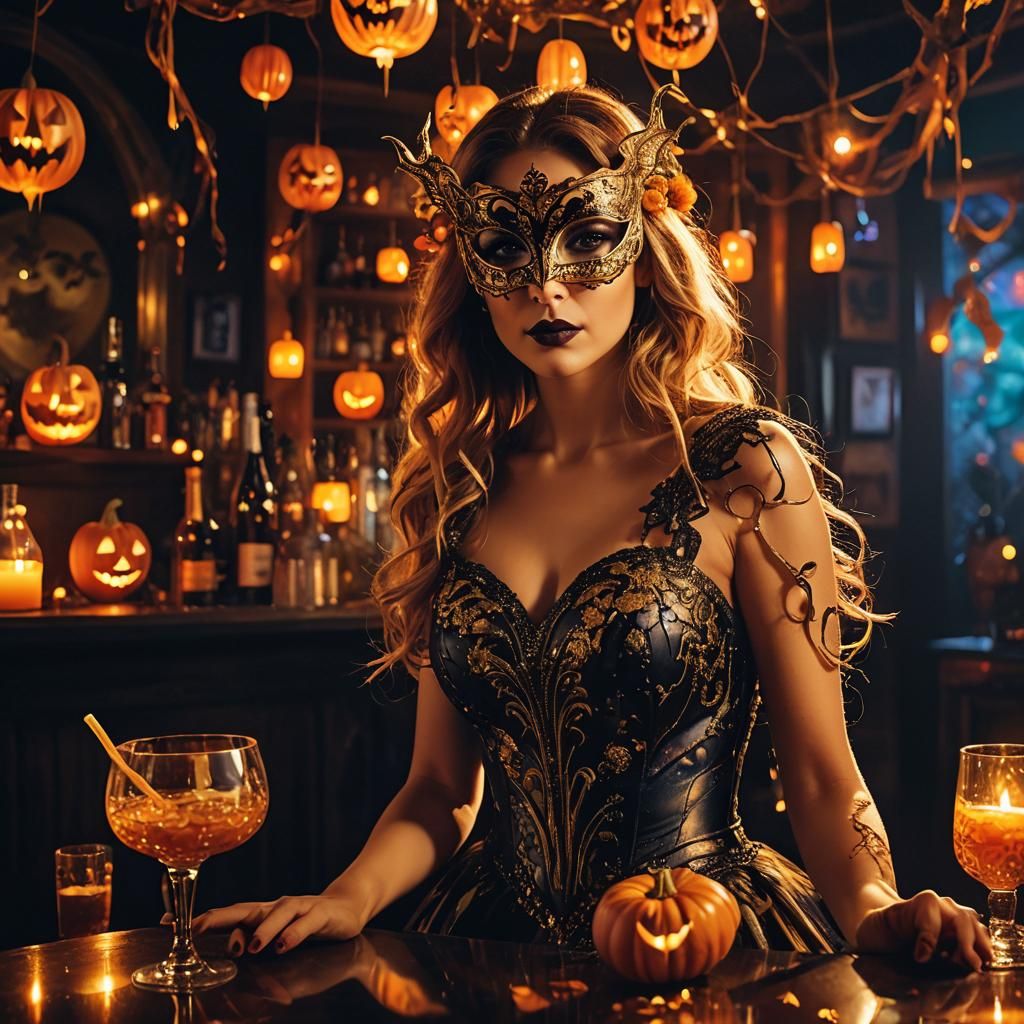 Surreal Halloween Masquerade in a Dreamlike Setting