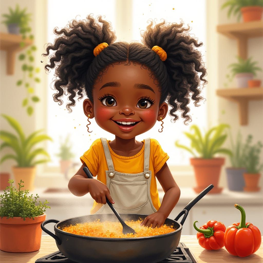 African American Girl Cooking Gumbo in Sunny Kitchen