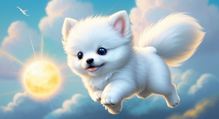 Flying Pomeranian Puppy in Cartoon Style