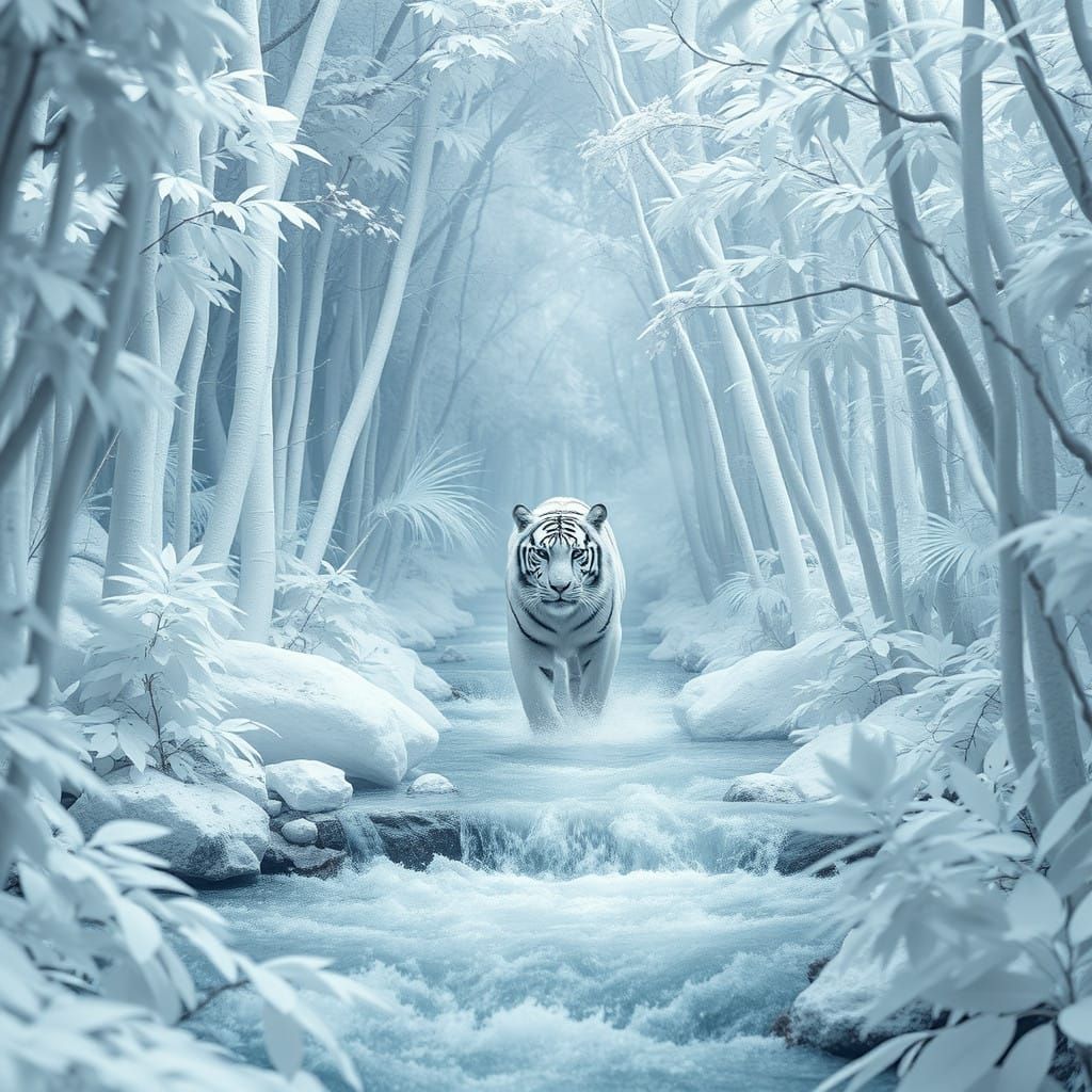 Surreal White Tiger in a Fantastical Jungle