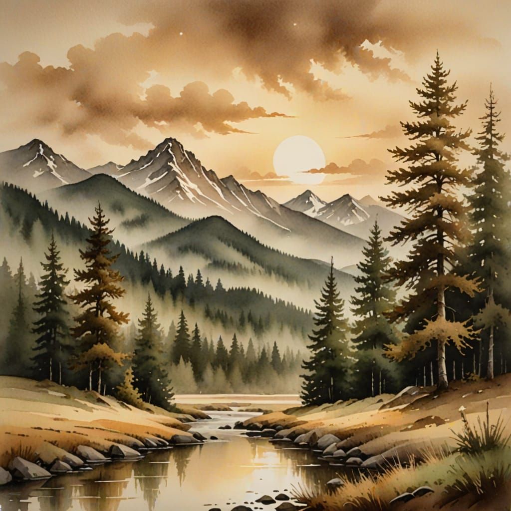 Serene Mountain Landscape in Watercolor