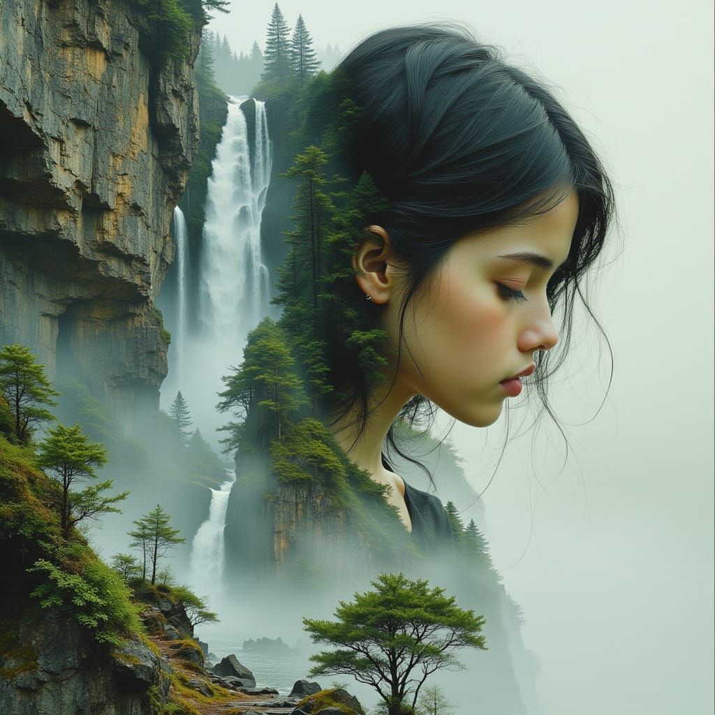 Serene Woman Transcends in Ethereal Waterfall Landscape