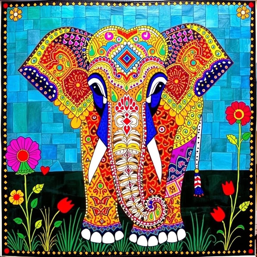 Madhubani colorful elephant mosaic Painting