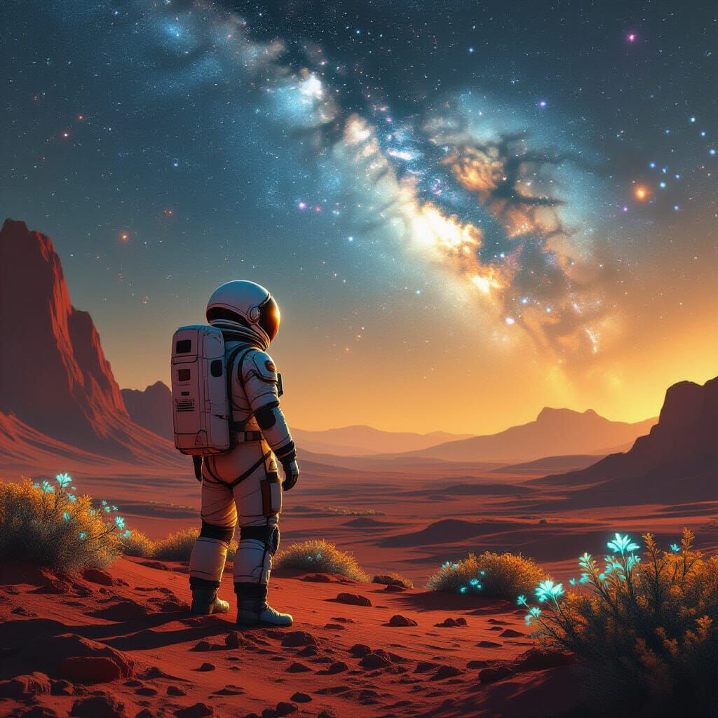 Astronaut Gazing at Nebula on Alien Planet