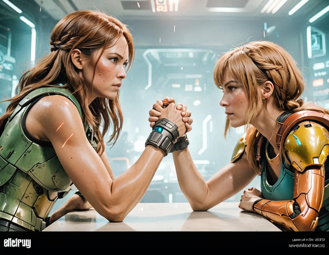 Lara Croft Arm Wrestling Samus Aran in Sci-Fi Bar