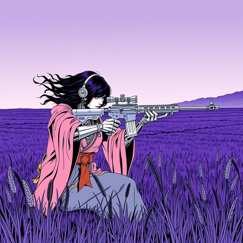 Cyborg Huntress in Ultraviolet Grassland: Minimalist Illustr...