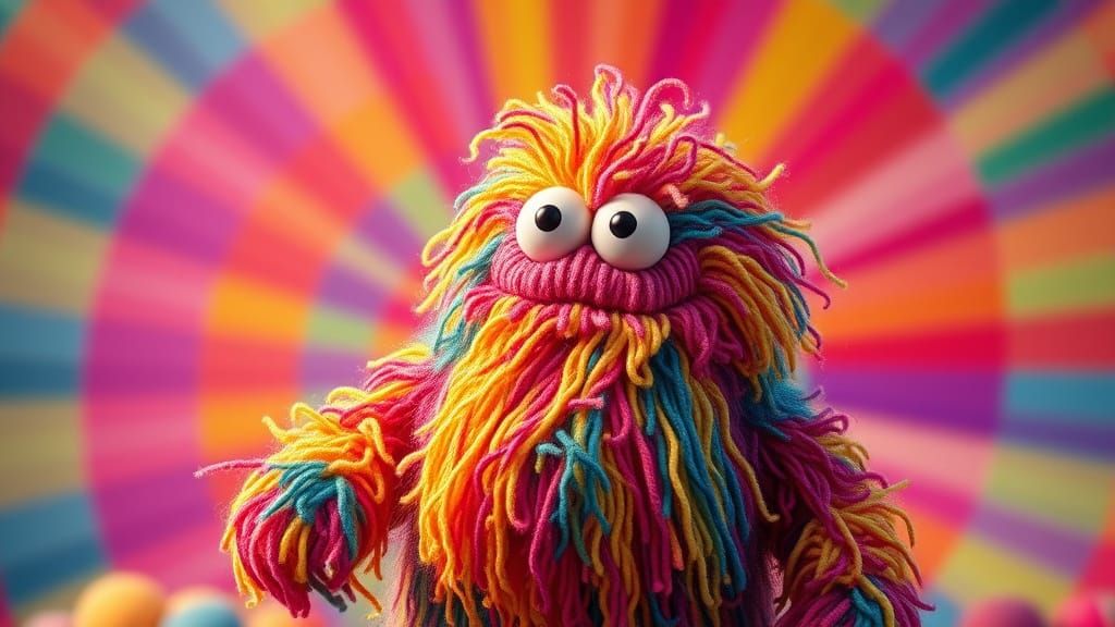Friendly Rainbow Yarn Monster in 3D Digital Art