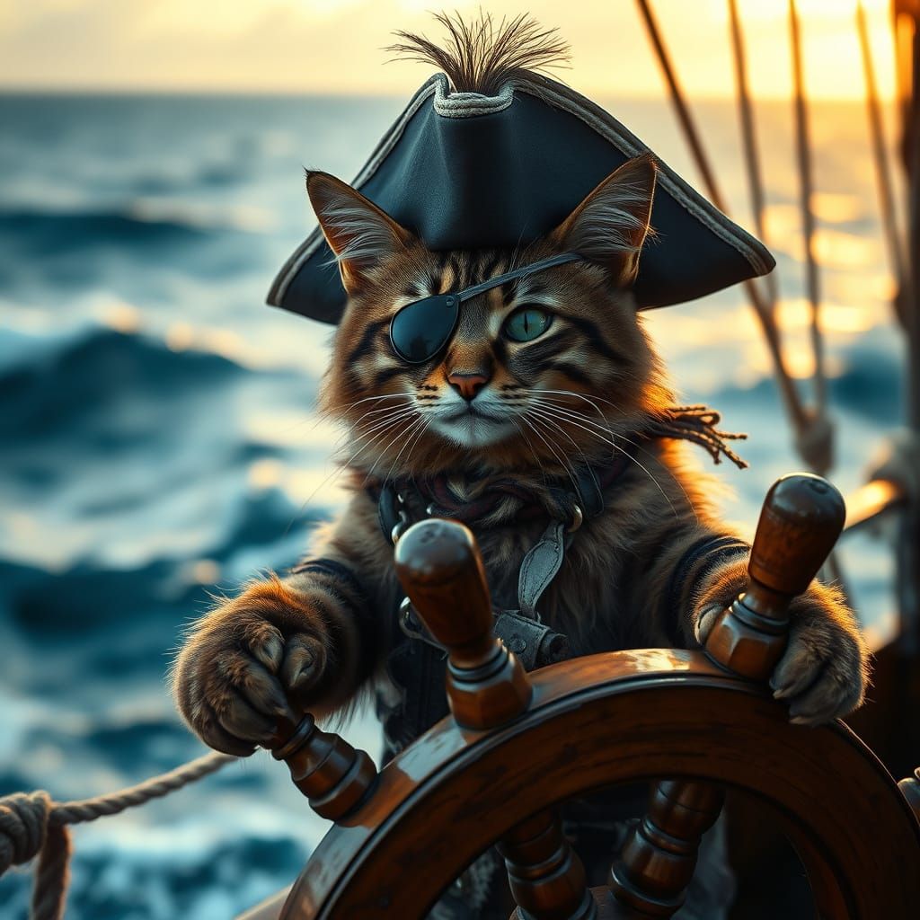 Feline Pirate at the Helm in Golden Light