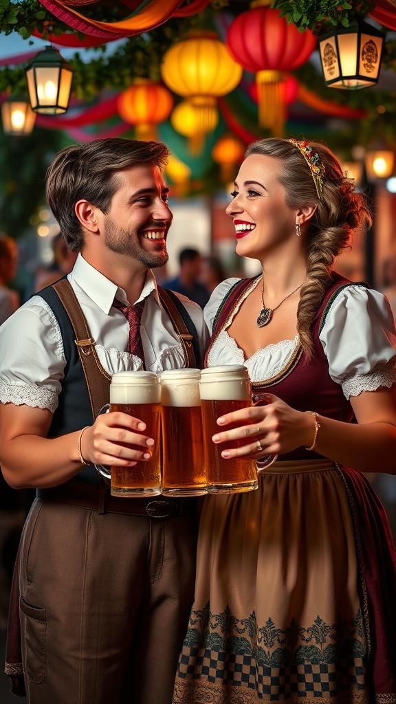 Oktoberfest Celebration: Bavarian Couple with Beer Mugs