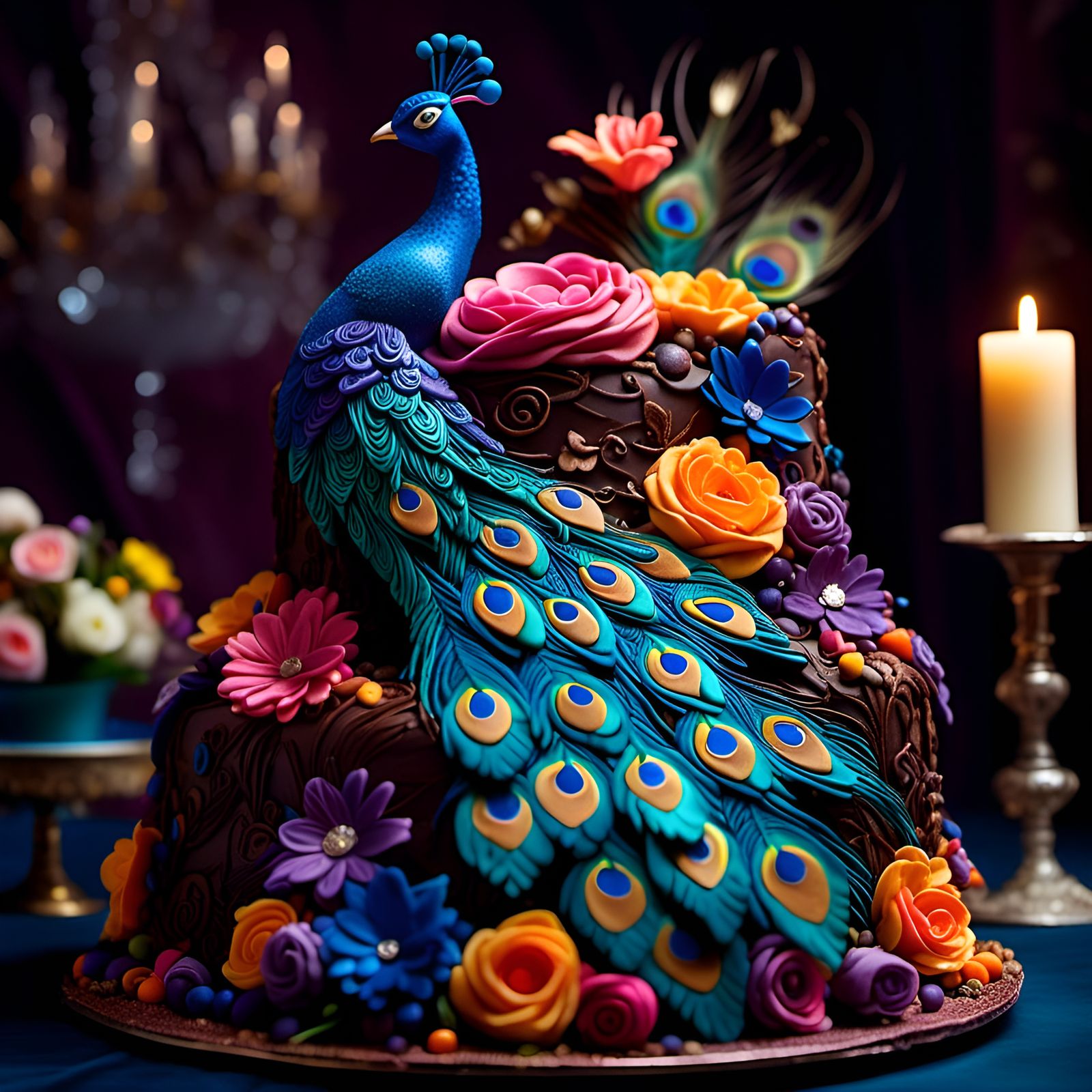 Hyperrealistic Peacock Cake with Flowers and Intricate Detai...