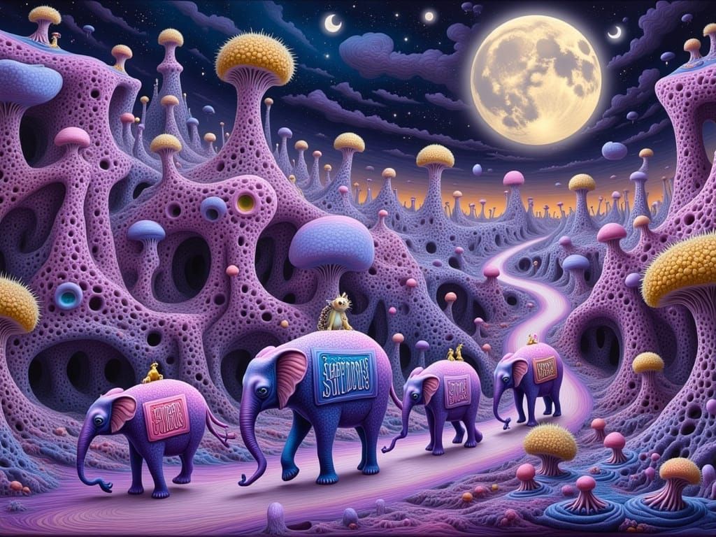 Surreal Dadaist Dreamscapes with Iridescent Elephants