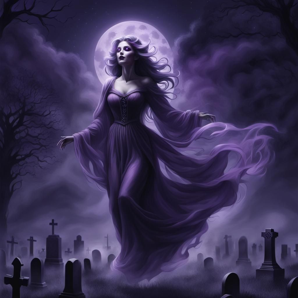 Glowing Ghost Woman in Cemetery: Dark Fantasy Art