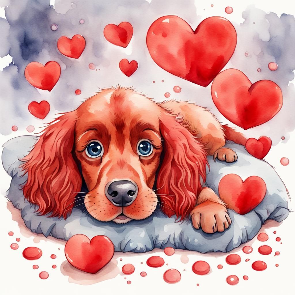 Happy Crying Red Setter Puppy Watercolor Cartoon
