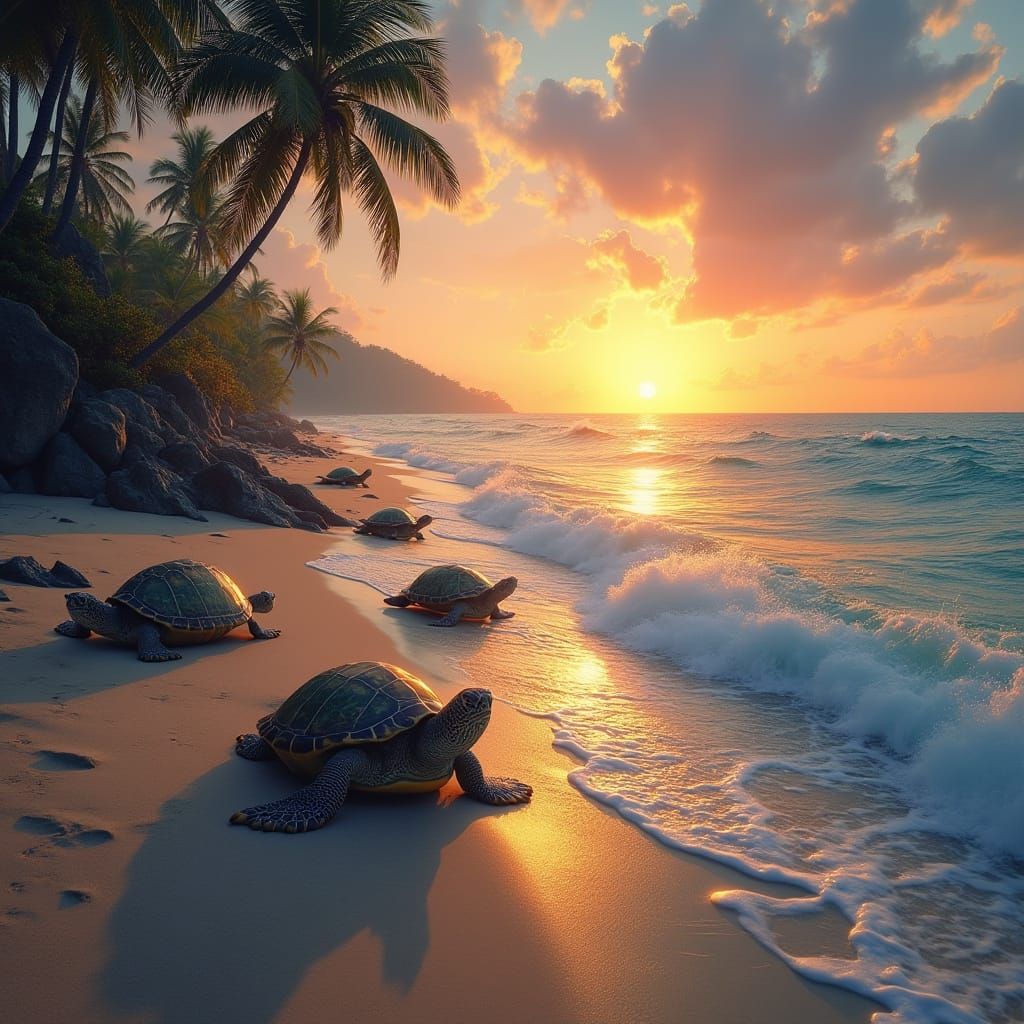 Sea Turtles Journey at Sunset: Kinkade-Inspired Scene