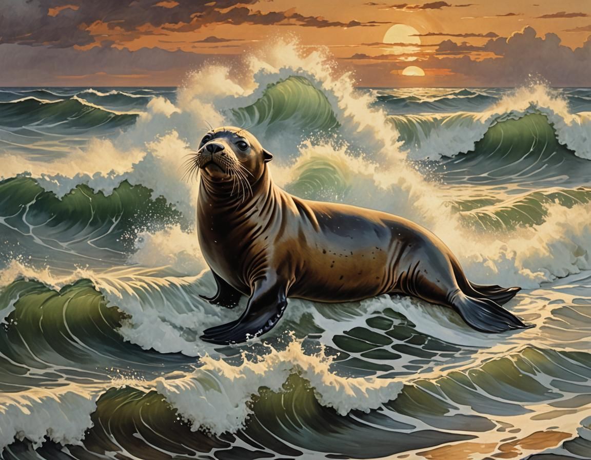 Seal in Pacific Surf after Storm: Marine Art