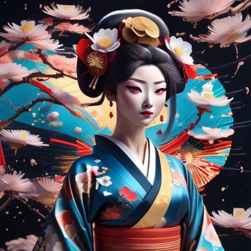 Geisha Painting with Golden Motifs in Outer Space