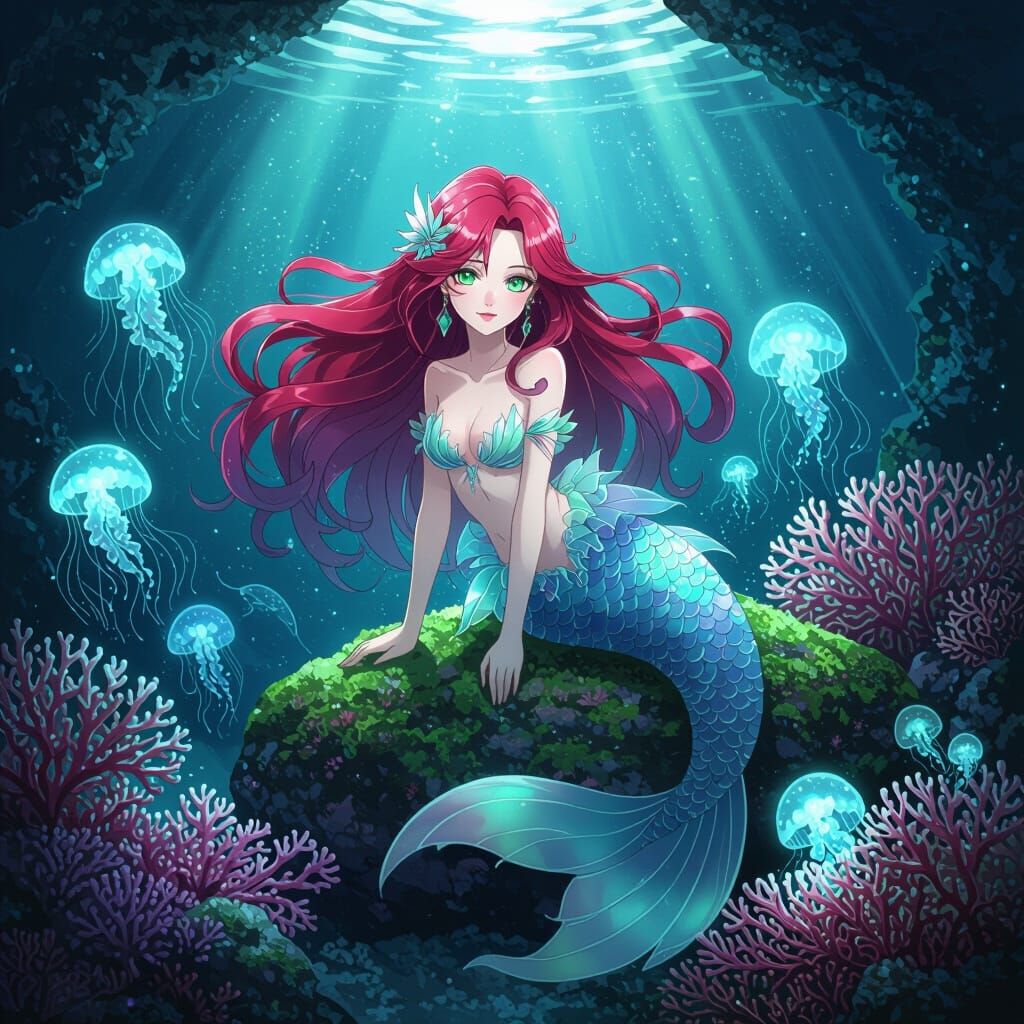 Beautiful Siren with Crimson Hair in Deep-Sea Grotto