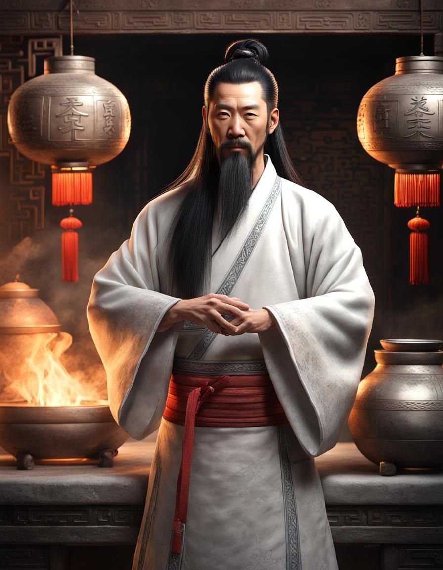 Chinese Alchemist Portrait with Scroll in 3D