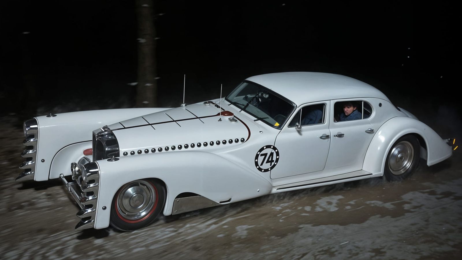 Steampunk Sedan Speedster Rides Through Snowy Canadian Night