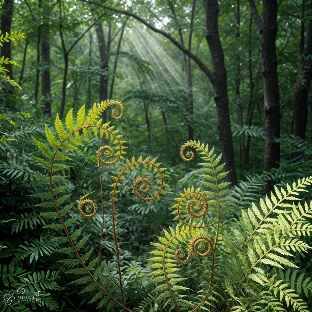 Surreal Fern Spirals Scene in Vibrant Colors