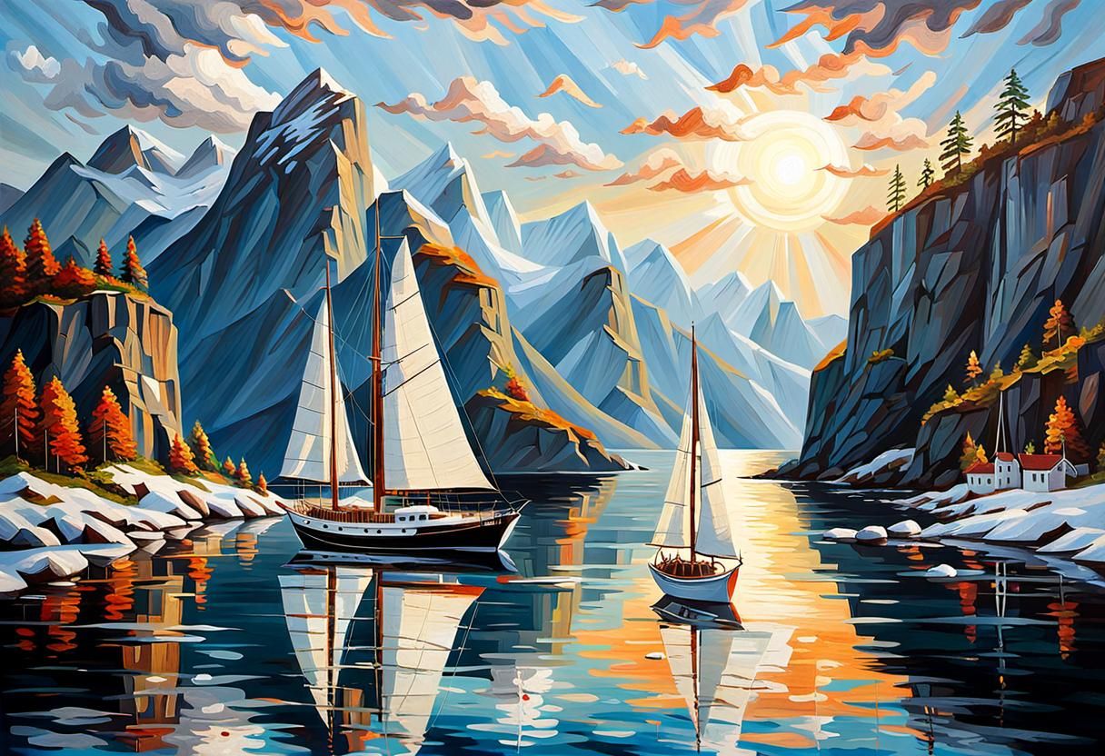 Norwegian Fjord: Sailboat at Sunrise in Impasto