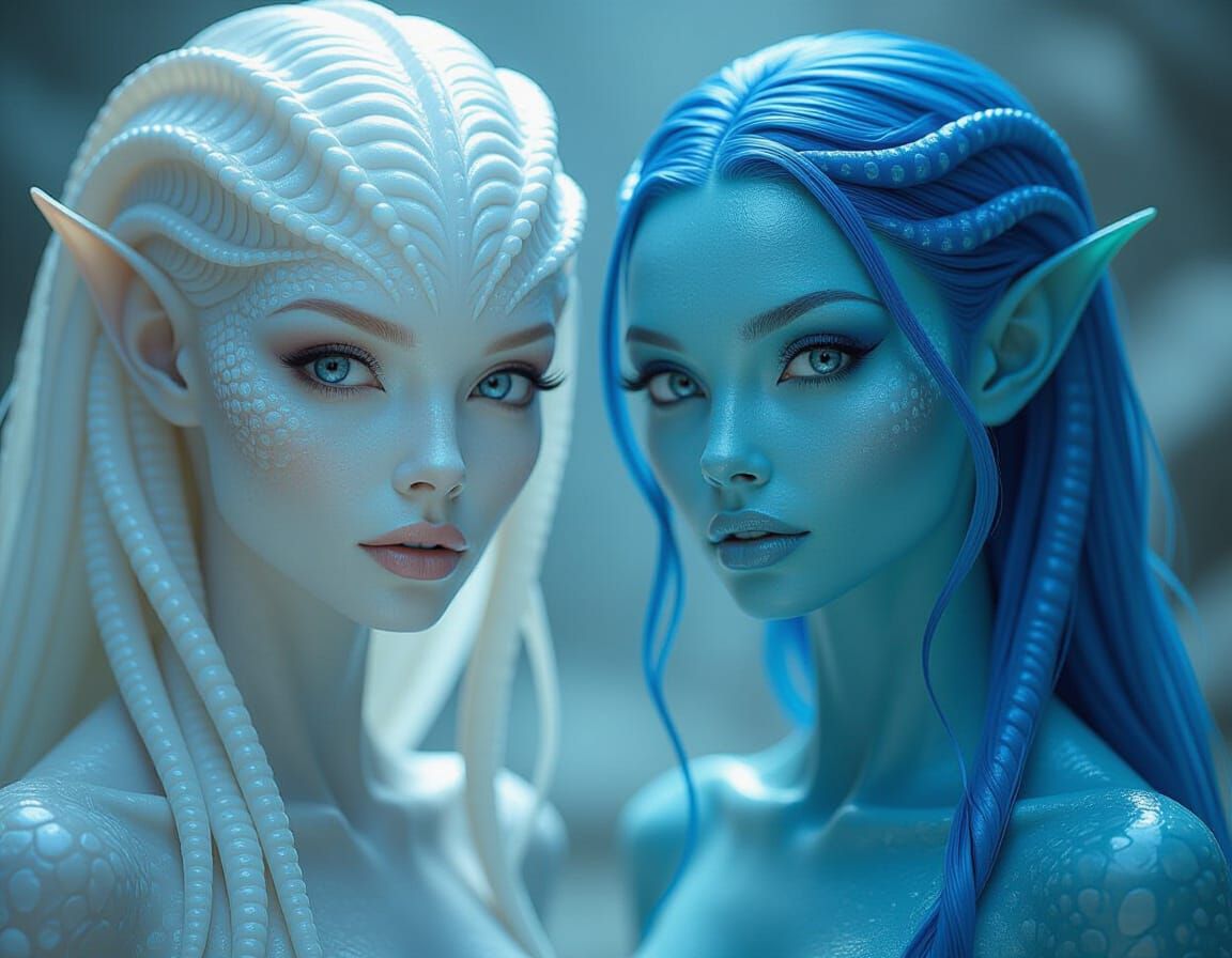 Two Alien Women with Tentacles and Scaly Skin