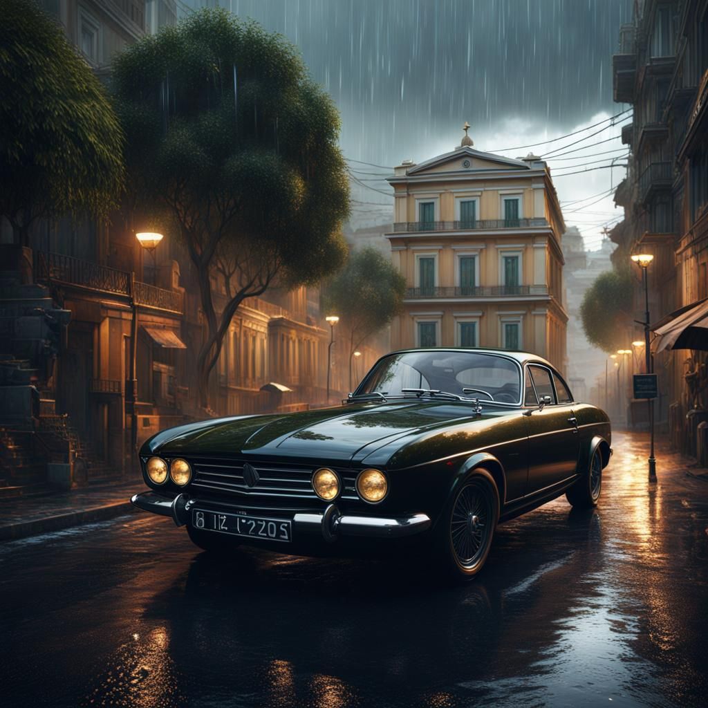 Car in Rainy Athens: Detailed Matte Painting