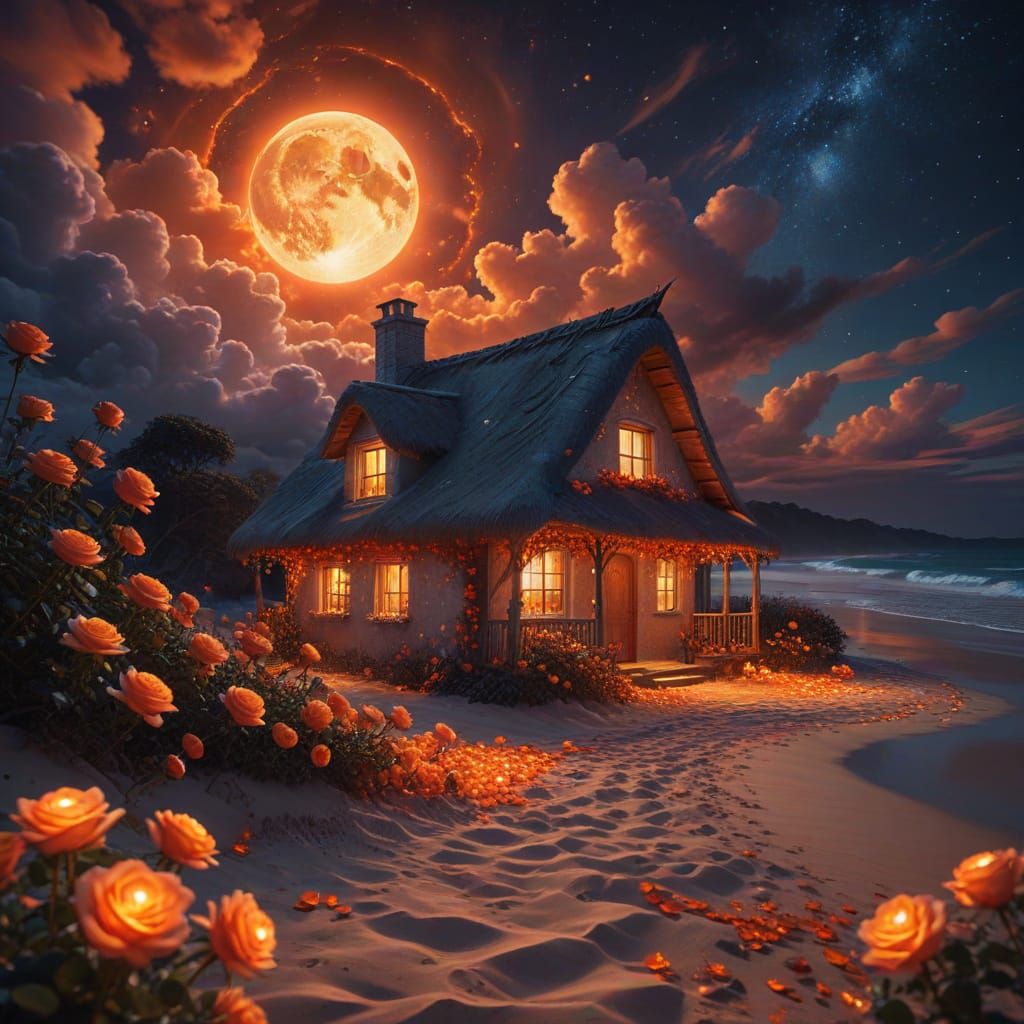 Cosmic Cottage Surrounded by Roses, Mixed Media Art