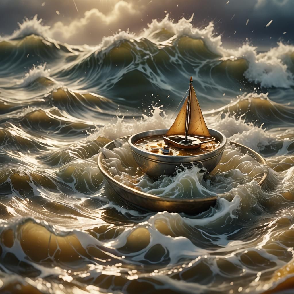 Miniature Ship in Stormy Soup Bowl: Digital Art
