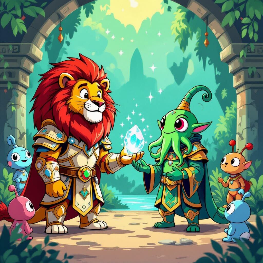 Lion in Alien Armor at an Alien Marketplace