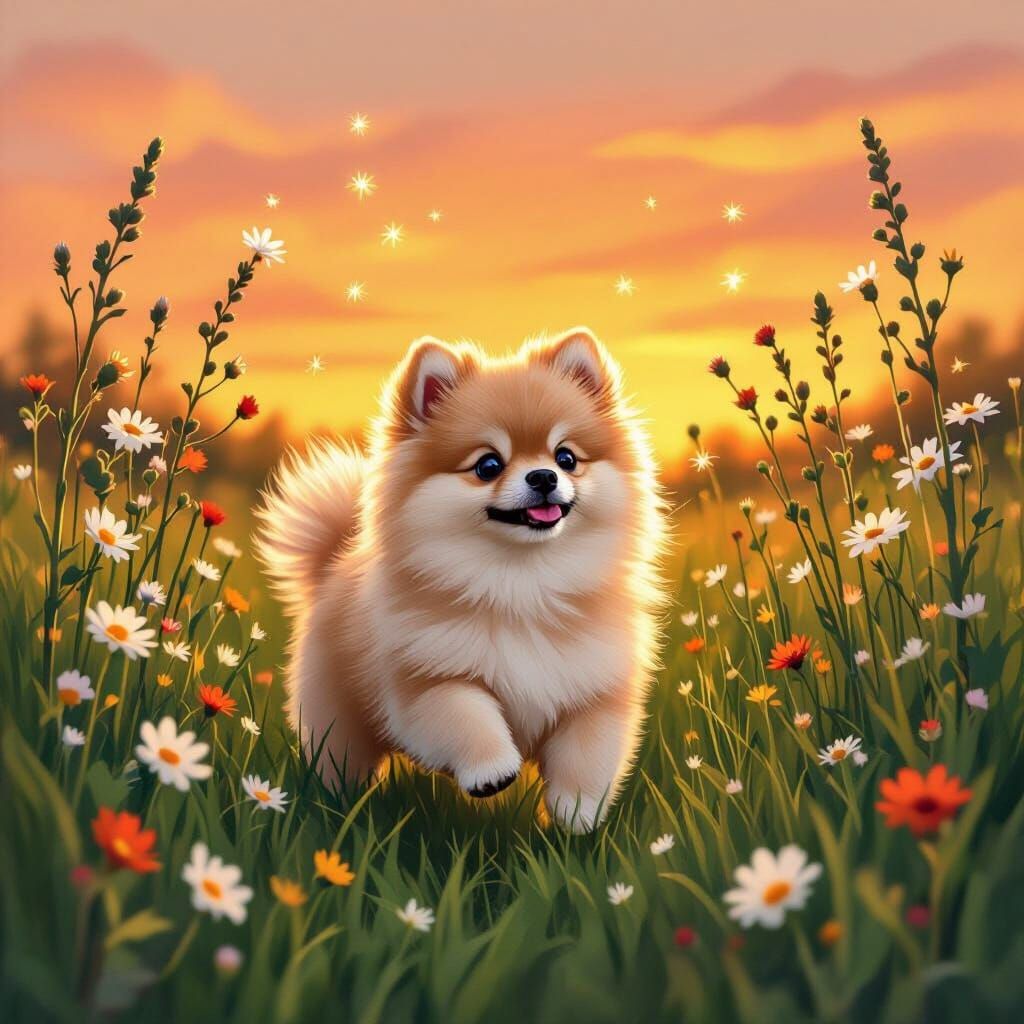 Pomeranian Puppy Chasing Fireflies in Whimsical Meadow