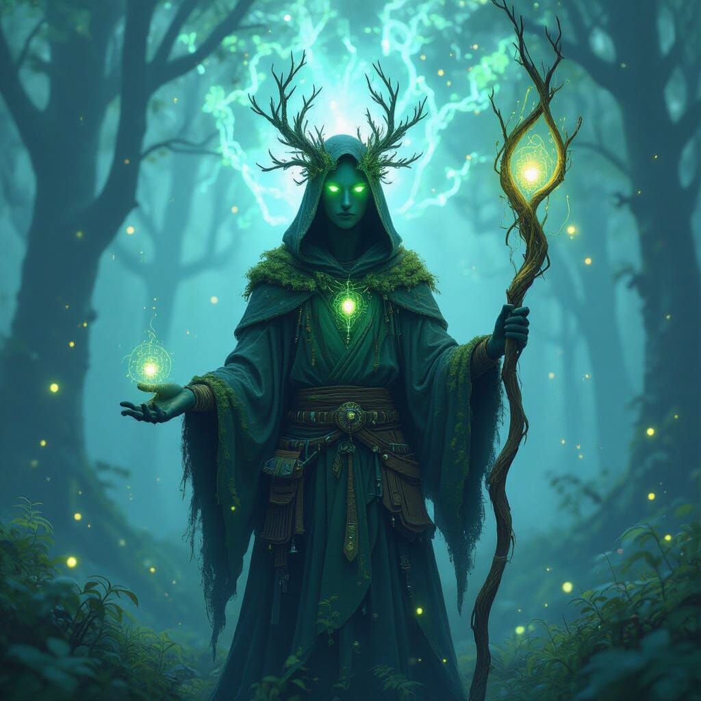 Forest Data-Spirit in Bioluminescent Network, Digital Art