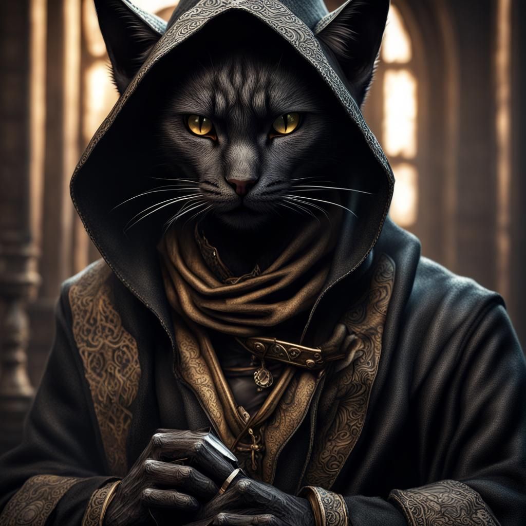 Hyperrealistic Tabaxi Rogue with Black Cat