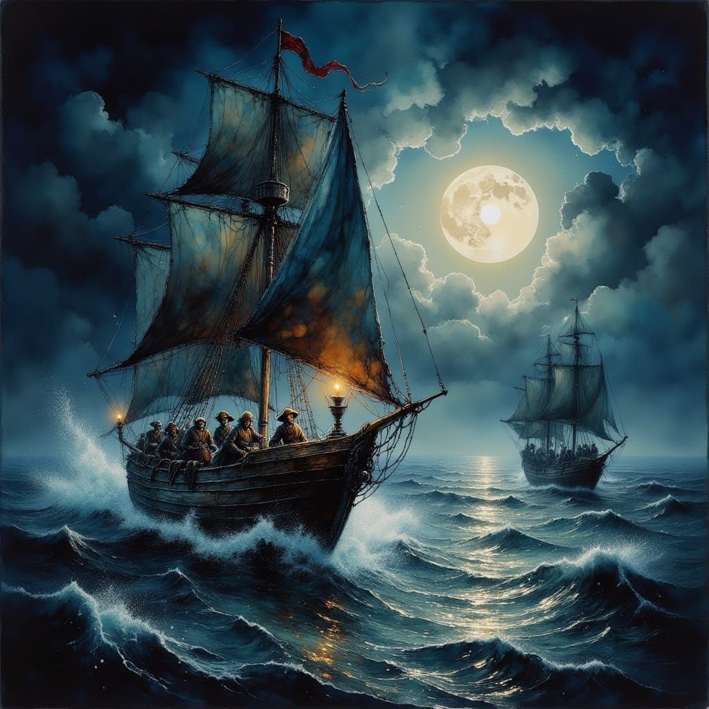 Pirate Sloop Pursued on Dark Seas in Romantic Style